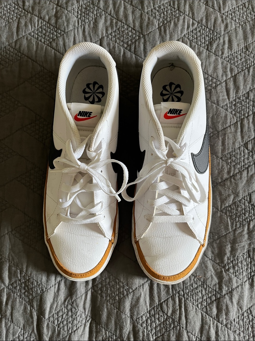 Nike White Sneakers with Black Swoosh and Tan Trim